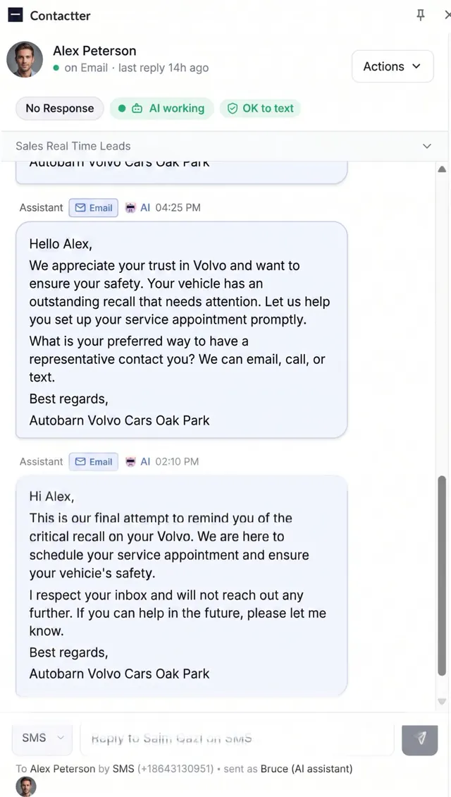Contactter extension panel docked inside a CRM — text and email leads, manage consent, and start or stop the AI assistant