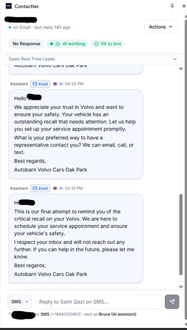 Contactter extension panel docked inside a CRM — text and email leads, manage consent, and start or stop the AI assistant